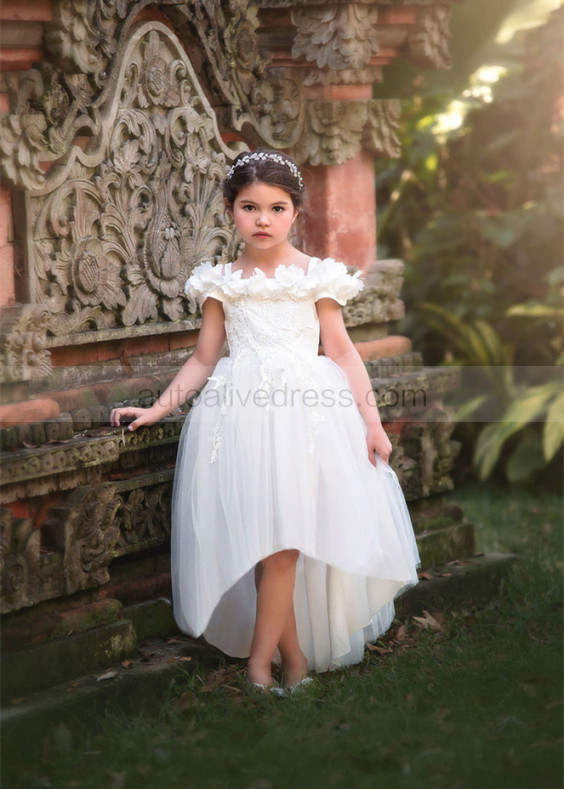 Cold Shoulder Ivory High Low Flower Girl Dress